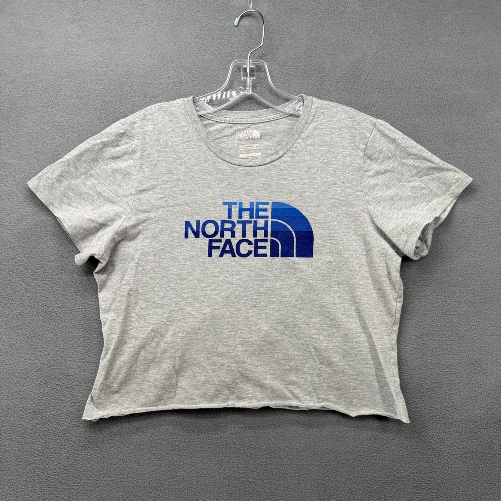 The North Face Cropped T-Shirt Womens Large Heather Gray Blue Gradient Logo - Picture 1 of 7